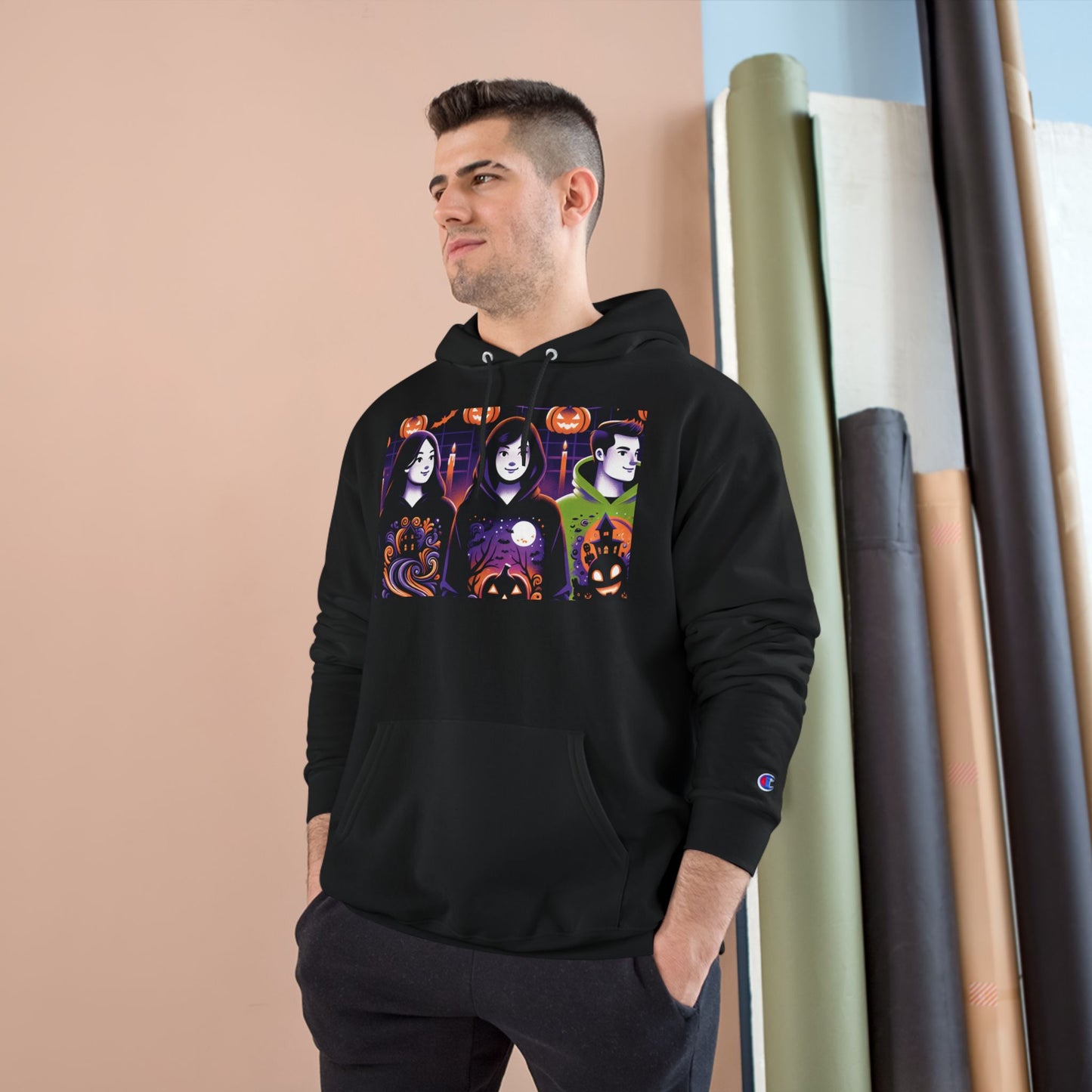 Halloween Champion Hoodie, Spooky Sweatshirt, Fall Fashion, Cozy Gift, Unisex Hoodie, Ghost and Pumpkin Design