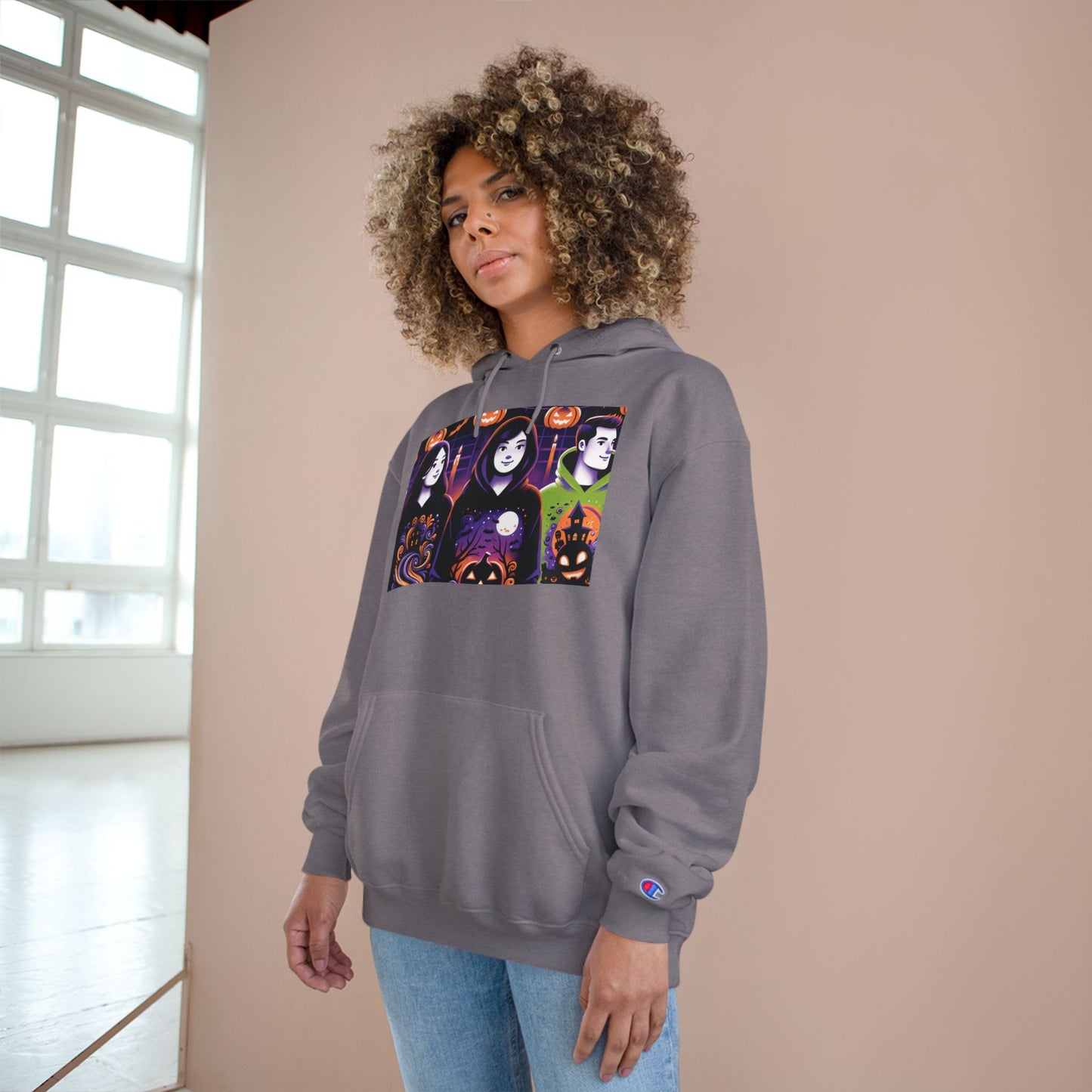 Halloween Champion Hoodie, Spooky Sweatshirt, Fall Fashion, Cozy Gift, Unisex Hoodie, Ghost and Pumpkin Design