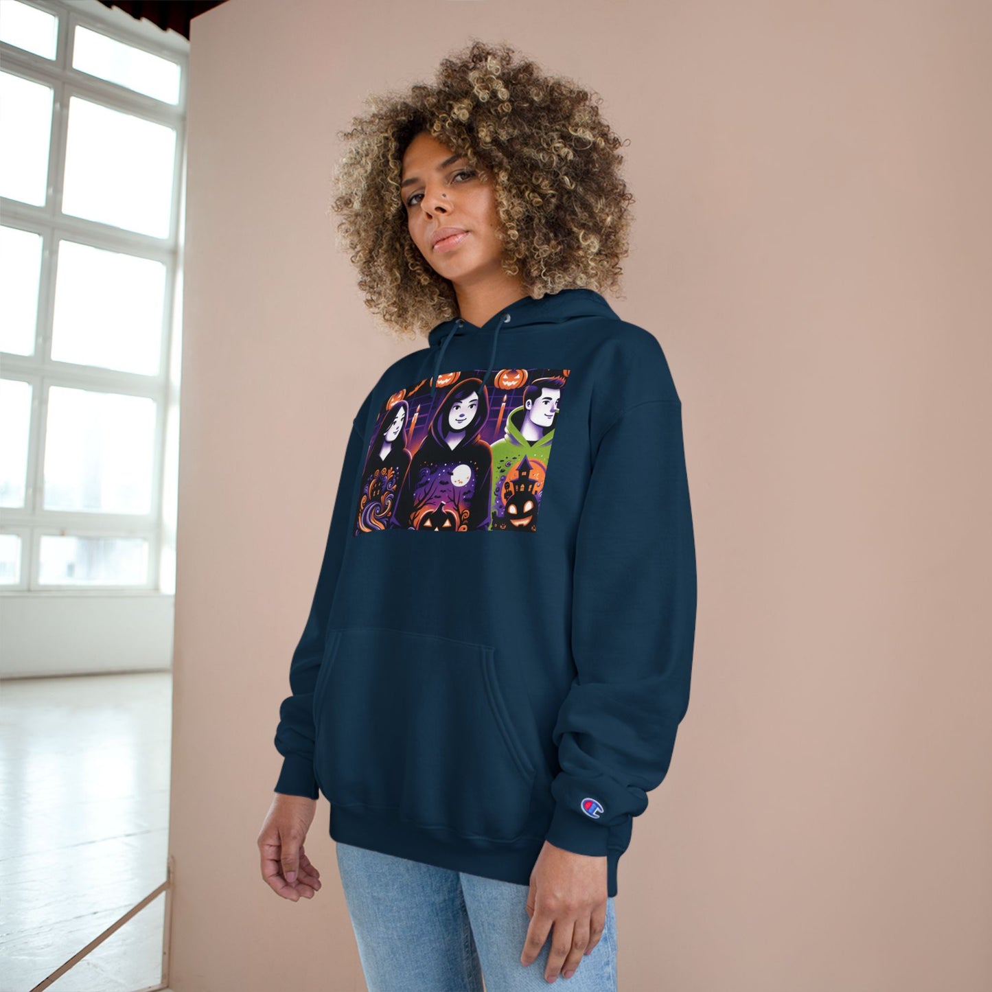 Halloween Champion Hoodie, Spooky Sweatshirt, Fall Fashion, Cozy Gift, Unisex Hoodie, Ghost and Pumpkin Design