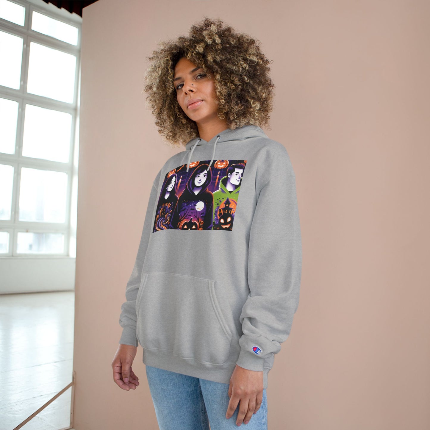Halloween Champion Hoodie, Spooky Sweatshirt, Fall Fashion, Cozy Gift, Unisex Hoodie, Ghost and Pumpkin Design
