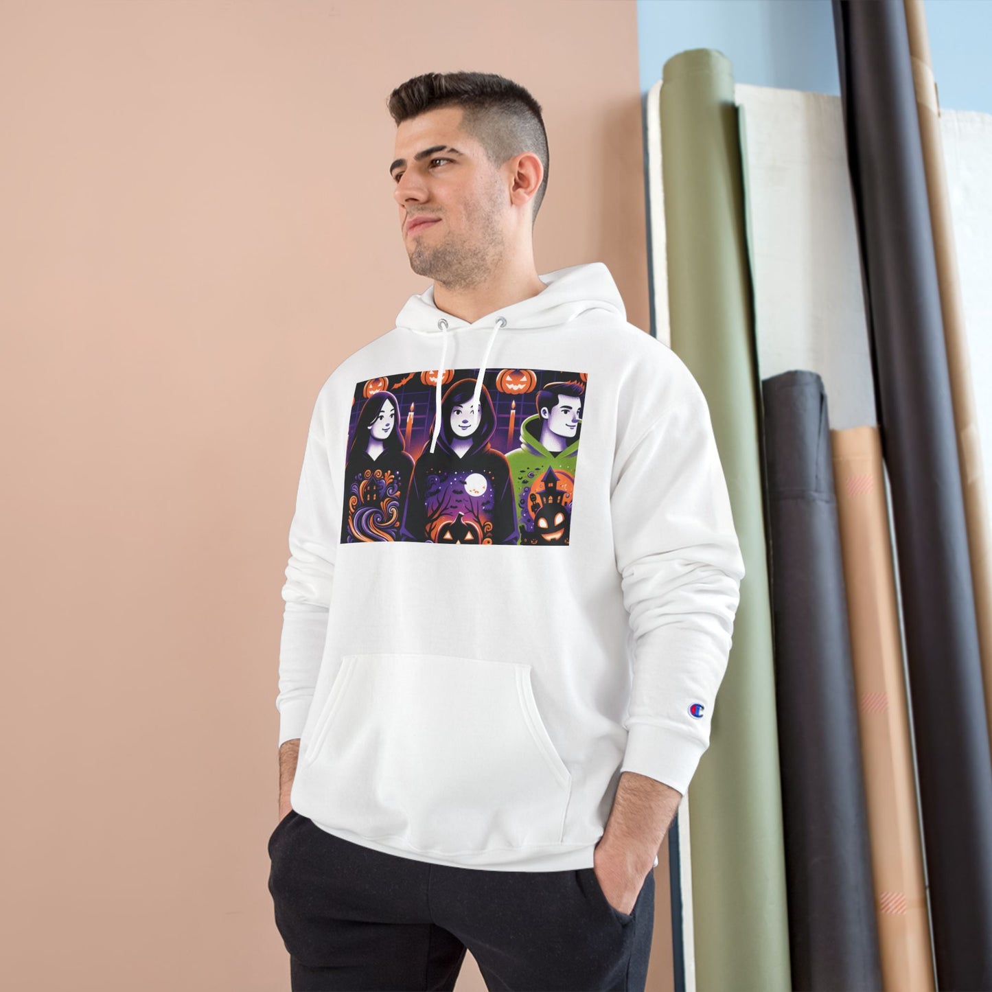 Halloween Champion Hoodie, Spooky Sweatshirt, Fall Fashion, Cozy Gift, Unisex Hoodie, Ghost and Pumpkin Design