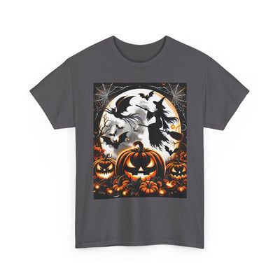 Halloween Unisex Heavy Cotton Tee | Spooky Ghost and Witch Design | Autumn Apparel, Pumpkin Shirt, Trick or Treat Wear, Fall Fashion