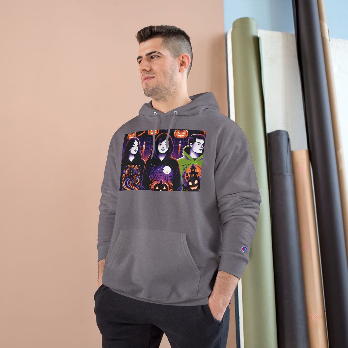 Halloween Champion Hoodie, Spooky Sweatshirt, Fall Fashion, Cozy Gift, Unisex Hoodie, Ghost and Pumpkin Design