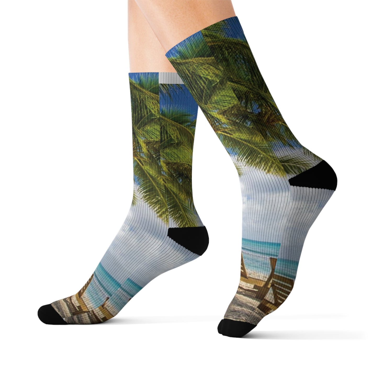 Beach Paradise Sublimation Socks | Fun Summer Footwear, Vacation Accessories, Gift for Beach Lovers, Tropical Pattern, Cozy Relaxation