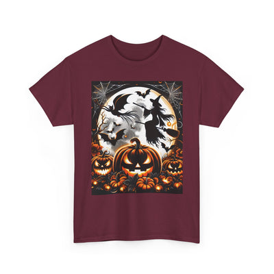 Halloween Unisex Heavy Cotton Tee | Spooky Ghost and Witch Design | Autumn Apparel, Pumpkin Shirt, Trick or Treat Wear, Fall Fashion