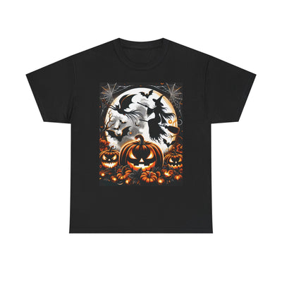 Halloween Unisex Heavy Cotton Tee | Spooky Ghost and Witch Design | Autumn Apparel, Pumpkin Shirt, Trick or Treat Wear, Fall Fashion