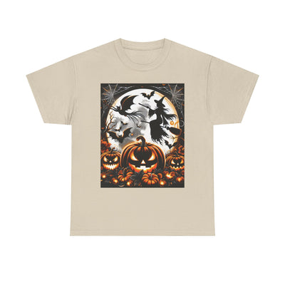 Halloween Unisex Heavy Cotton Tee | Spooky Ghost and Witch Design | Autumn Apparel, Pumpkin Shirt, Trick or Treat Wear, Fall Fashion
