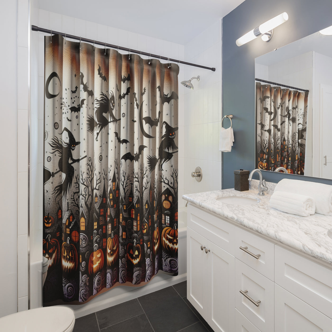 Halloween Themed Shower Curtains, Spooky Bathroom Decor, Haunted House Shower Curtain, Witch & Bat Design, Perfect for Fall Decor