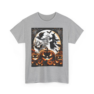 Halloween Unisex Heavy Cotton Tee | Spooky Ghost and Witch Design | Autumn Apparel, Pumpkin Shirt, Trick or Treat Wear, Fall Fashion