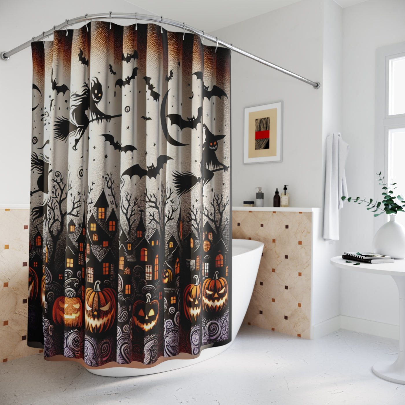 Halloween Themed Shower Curtains, Spooky Bathroom Decor, Haunted House Shower Curtain, Witch & Bat Design, Perfect for Fall Decor