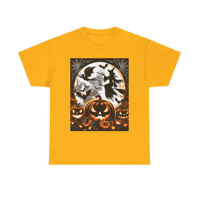 Halloween Unisex Heavy Cotton Tee | Spooky Ghost and Witch Design | Autumn Apparel, Pumpkin Shirt, Trick or Treat Wear, Fall Fashion
