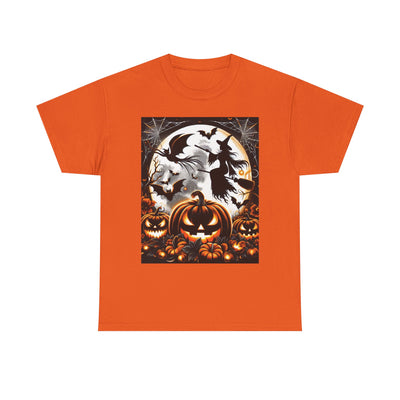 Halloween Unisex Heavy Cotton Tee | Spooky Ghost and Witch Design | Autumn Apparel, Pumpkin Shirt, Trick or Treat Wear, Fall Fashion