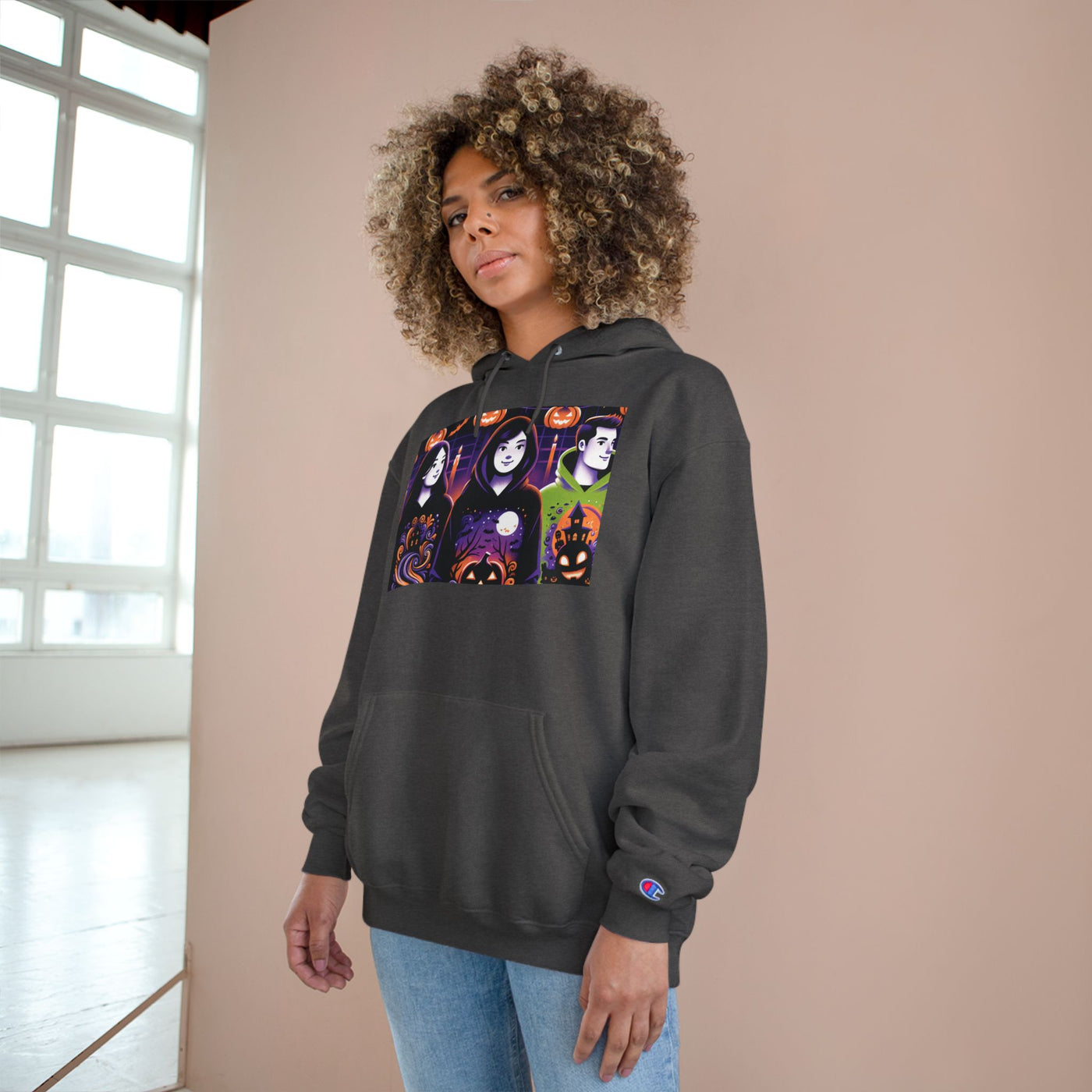 Halloween Champion Hoodie, Spooky Sweatshirt, Fall Fashion, Cozy Gift, Unisex Hoodie, Ghost and Pumpkin Design