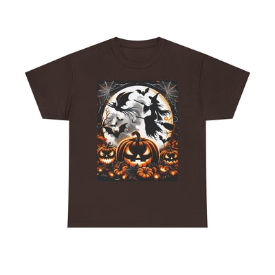 Halloween Unisex Heavy Cotton Tee | Spooky Ghost and Witch Design | Autumn Apparel, Pumpkin Shirt, Trick or Treat Wear, Fall Fashion