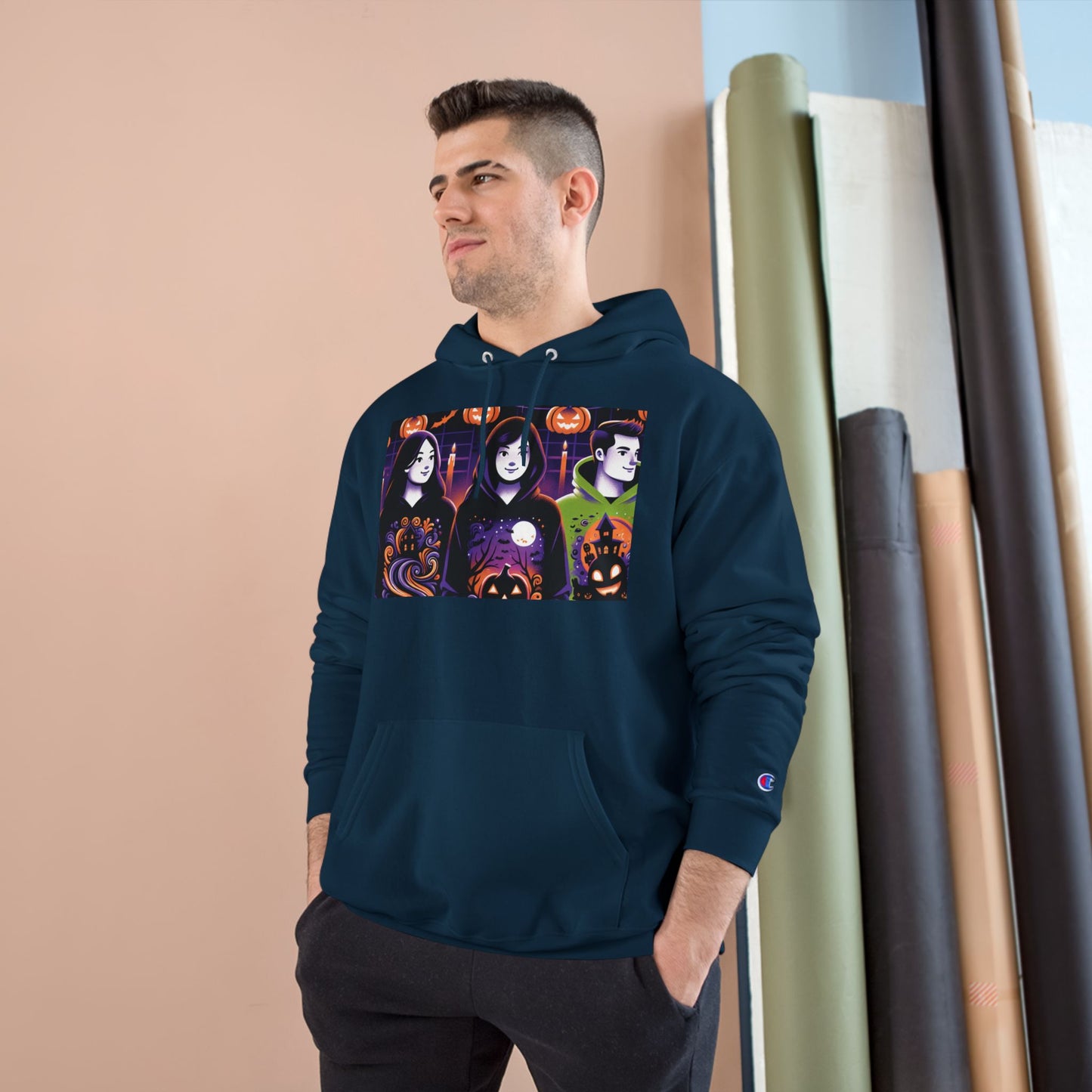 Halloween Champion Hoodie, Spooky Sweatshirt, Fall Fashion, Cozy Gift, Unisex Hoodie, Ghost and Pumpkin Design