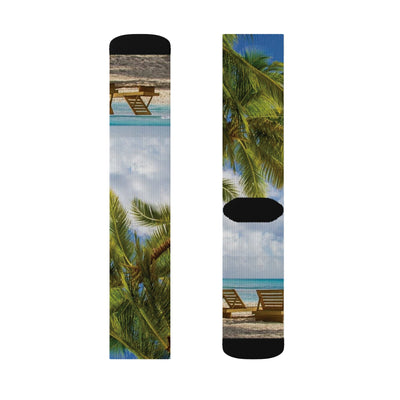 Beach Paradise Sublimation Socks | Fun Summer Footwear, Vacation Accessories, Gift for Beach Lovers, Tropical Pattern, Cozy Relaxation