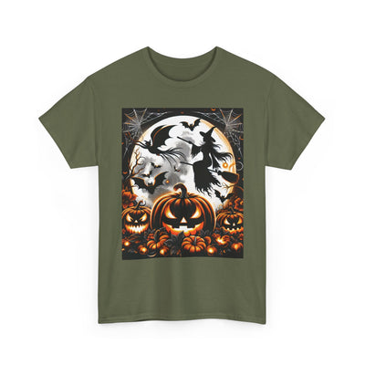 Halloween Unisex Heavy Cotton Tee | Spooky Ghost and Witch Design | Autumn Apparel, Pumpkin Shirt, Trick or Treat Wear, Fall Fashion